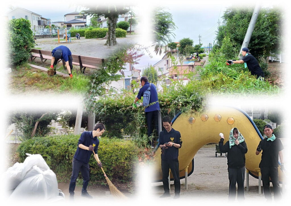 江曽島5丁目公園での清掃活動に取り組むつむぎのスタッフの様子
公園のゴミ拾いや草取りを行うスタッフの様子