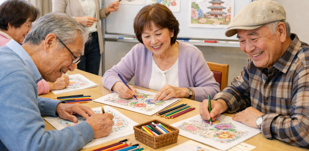 大人の塗り絵教室で楽しく脳トレをする参加者の様子