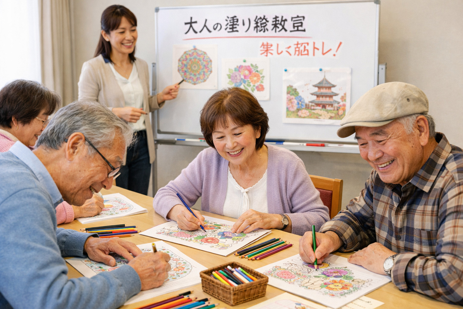 大人の塗り絵教室で楽しく脳トレをする参加者の様子